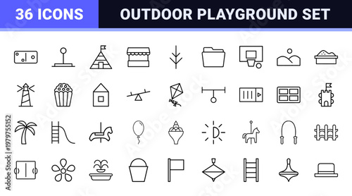 Playground and kids park linear icons set in minimalist outline style