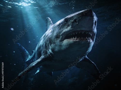 Cinematic megalodon emerging from dark ocean depths