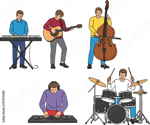 Musicians Playing Instruments Set with Keyboard Guitar Double Bass DJ and Drums, Live Music Band Performance Vector Illustration Collection