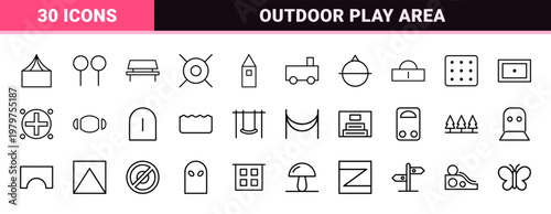 Kids park and playground outline icons with carousel and swing symbols.
