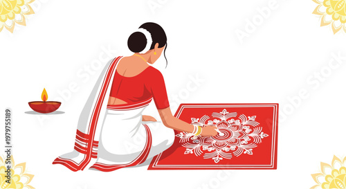 Indian woman in traditional saree creating a beautiful white rangoli design on a red base, with a lit diya nearby, celebrating a festival.