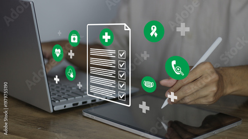 Schilderij op canvas Health insurance concept, healthcare and medical care, life insurance policy being processed on a digital tablet