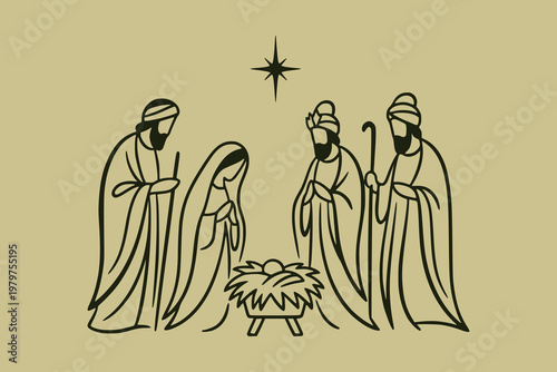 Nativity scene shown with figures in line art on plain background, representing the concept of Christmas and tradition