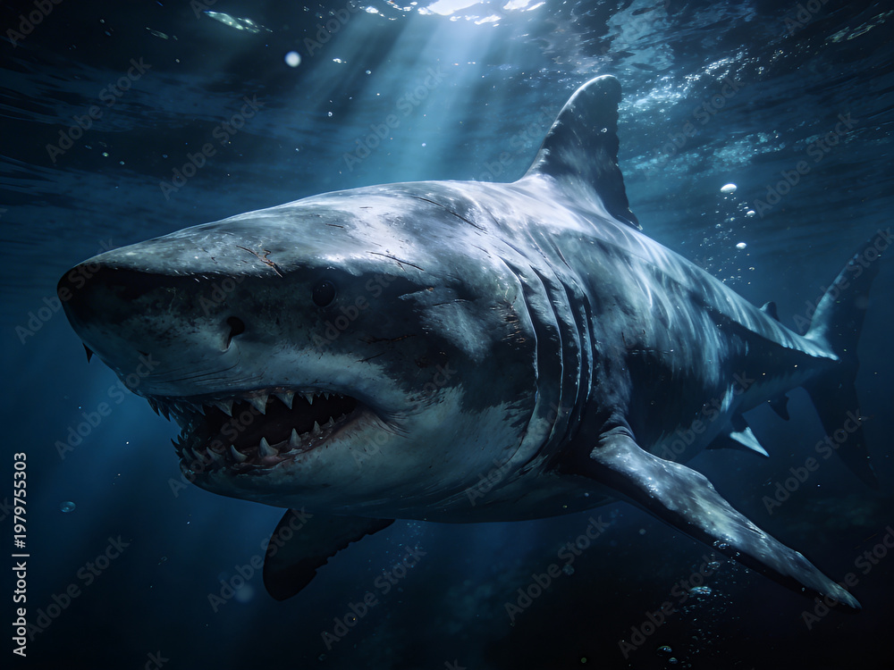Obraz premium Cinematic megalodon emerging from dark ocean depths