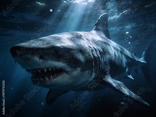 Cinematic megalodon emerging from dark ocean depths