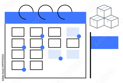 Scheduling, time management, planning, organization, productivity, event planning. Calendar with marked dates and stacked cubes. Scheduling and planning concepts visually