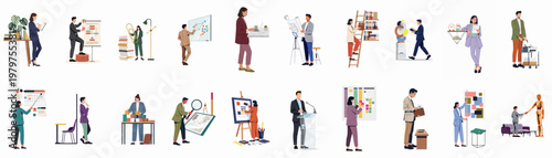 Collection of professional business characters performing various office tasks, planning, and collaborating in a modern workplace setting, isolated on white background.
