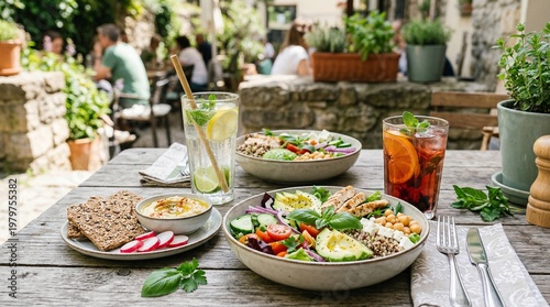 Delicious light food spread on a wooden table outdoors on a sunny day with people