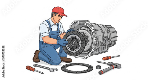 Mechanic working on a large industrial transmission system with tools.