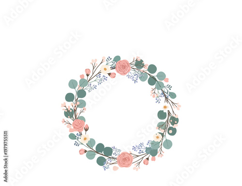 floral wreath with pink roses and eucalyptus leaves on white background