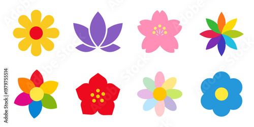 A collection of vibrant floral icons in a flat style. Various simple, stylized, vibrant flowers.