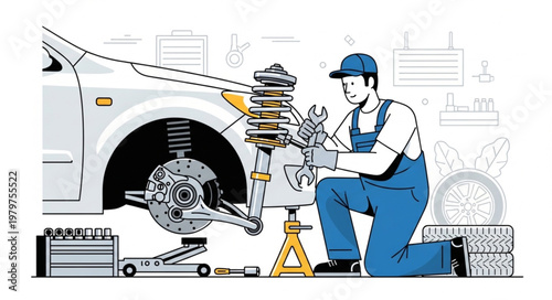 Mechanic working on car.