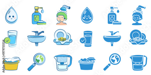 A set of flat-style icons related to hygiene, cleanliness, and water use.