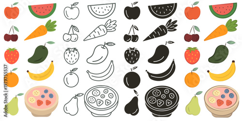 Fruits. A set of fruit icons in various styles.
