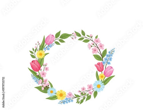 Vibrant floral wreath with pink tulips and colorful flowers on white background