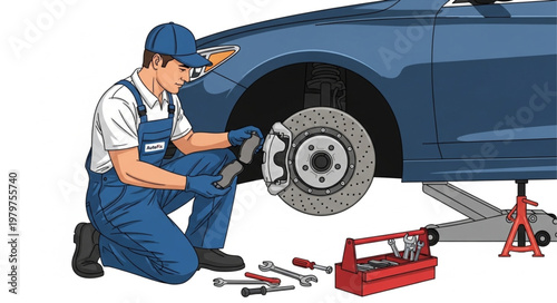 Mechanic Working on Car Brake System Repair.