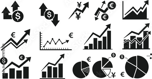 Financial Growth Charts and Global Currency Market Analysis Icons