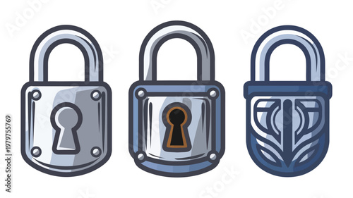 Three stylized padlocks in blue and white with varying designs on a solid white backdrop, security and protection concept, modern flat vector illustration