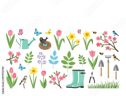 colorful garden tools, flowers, butterflies, and insects