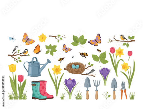 colorful spring gardening illustration with flowers, tools, and birds