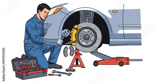 Mechanic working on car brake system repair and maintenance.