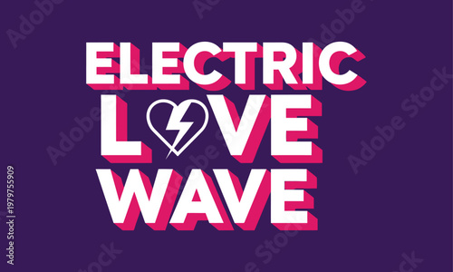 Electric love wave text design with heart and lightning bolt icon on purple background t shirt design electric typography lightning connection intensity affection t shirt design