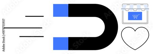 Marketing, customer retention, e-commerce, business growth, brand loyalty, sales conversion. A magnet attracting an online store icon and a heart. Marketing and customer retention concept
