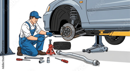 Mechanic Working on Car Brake System with Tools.