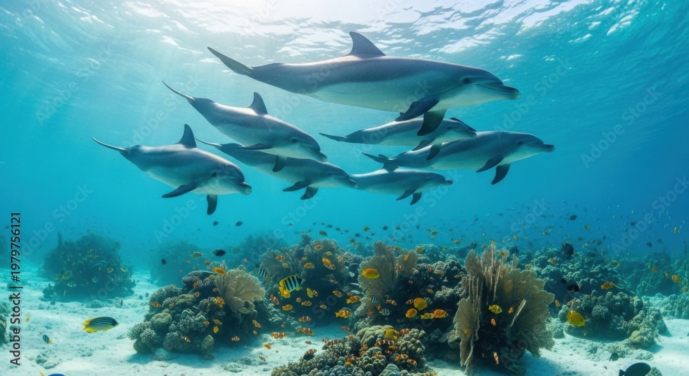 Naklejka premium dolphins swimming underwater coral reef