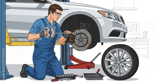 Mechanic Working on Car Brakes Underneath Vehicle.