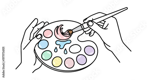 Hands holding paint palette brush.