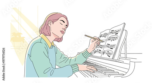 Woman playing musical instrument piano.