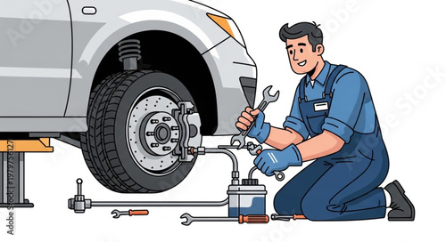 Mechanic Working on Car Brakes with Tools.