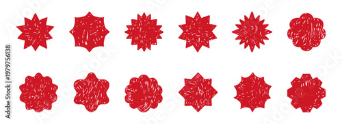 Starburst labels, red price tags crayon scribble texture, discount badge set. Sale circle sticker. Wavy, scallop edge promo blank. 