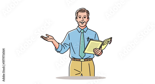 Cartoon man holding clipboard gesturing.