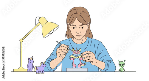 Woman painting a small colorful figurine.