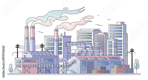 Industrial Factory with Smoking Pipes.