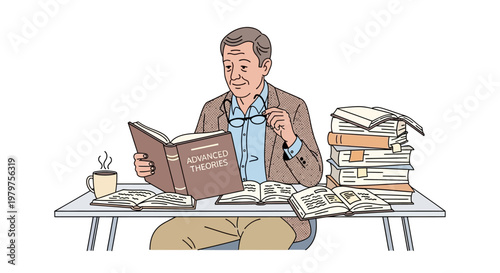 Man sitting at desk with books.