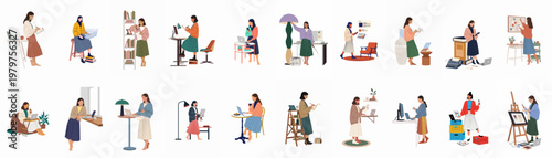 Collection of 18 Flat Vector Illustrations Depicting Young Women Working From Home, Designing, Writing, and Being Creative in Diverse Modern Workspaces.