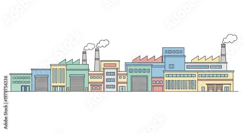 Industrial Factory Buildings with Smokestacks.