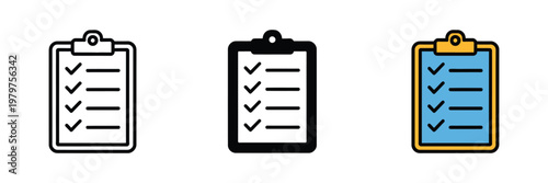 Three clipboard icons with checklist and tick marks in outline, filled black, and colored styles, productivity and task completion concept