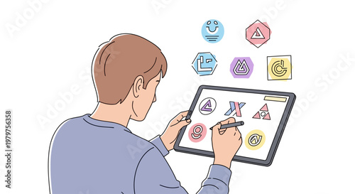 Man using digital drawing tablet device.
