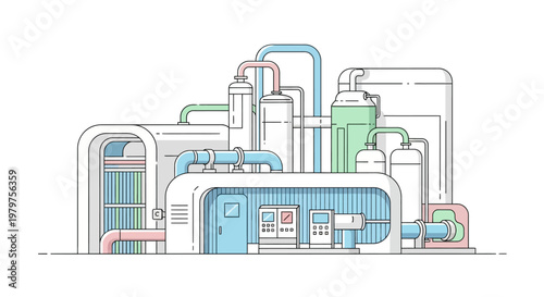 Industrial factory with pipes and machinery.