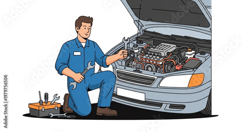 Mechanic working on car engine.