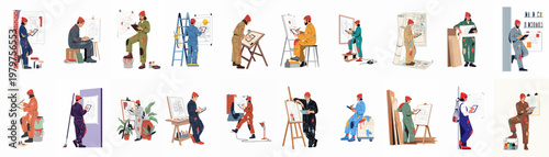 Collection of diverse artists and designers in paint-stained coveralls working on various creative projects using digital tablets and traditional tools in studio settings.