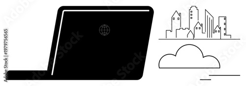 Remote work, urban planning, cloud computing, global communication, digital economy, city development. Laptop, city skyline cloud and lines. Remote work and urban planning