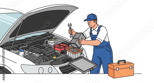 Mechanic working on car engine.