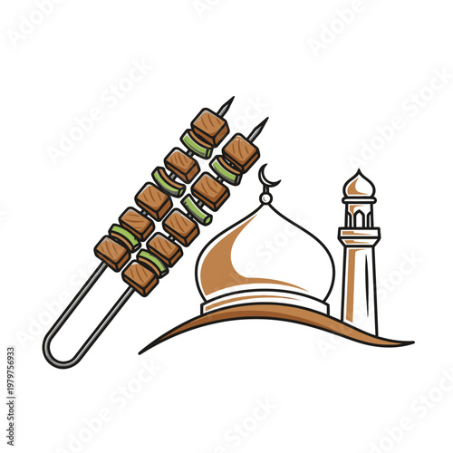 Meat skewers on a plate beside mosque.