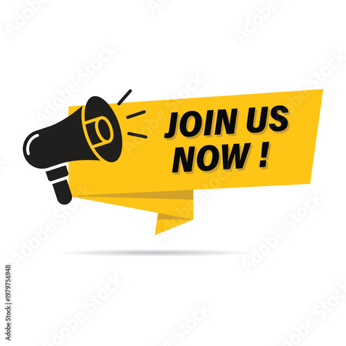 join us now yellow promotional banner with megaphone icon for community membership and team recruitment