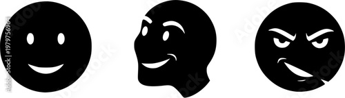 Set of Three Diverse Dark Side Profile Silhouette Icons of Happy Serious and Aggressive Expressions